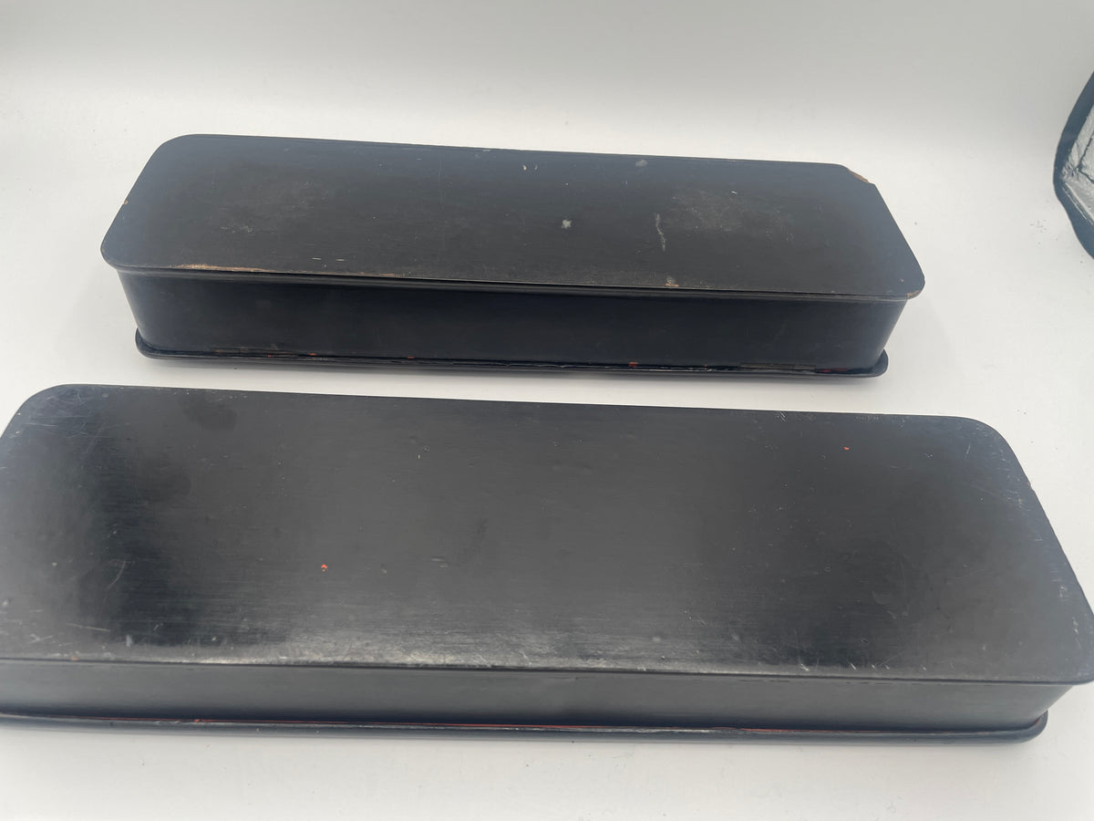 Pair of Antique English Papier-Mâché Glove Boxes – 30cm Hand-Painted Daisy & Butterfly Motifs