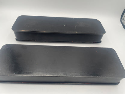 Pair of Antique English Papier-Mâché Glove Boxes – 30cm Hand-Painted Daisy & Butterfly Motifs
