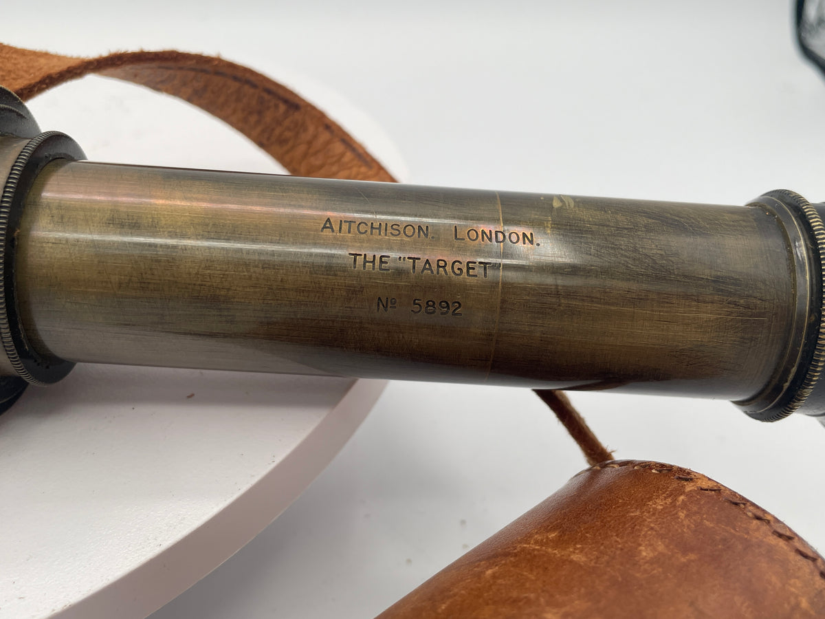 Antique Aitchison London "The Target" Brass & Leather Field Telescope – No. 5892 with Original Case