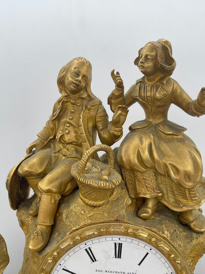 Antique French Ormolu & Gilt Bronze Figural Mantel Clock – 45cm Tall Pastoral Couple with S. Marti Movement
