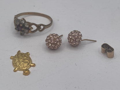 Vintage 9ct Solid Gold Cluster & Crystal Jewellery Lot – 9K Ring, 9K Crystal Ball Earrings & Turtle Charm