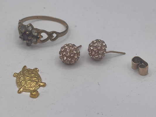 Vintage 9ct Solid Gold Cluster & Crystal Jewellery Lot – 9K Ring, 9K Crystal Ball Earrings & Turtle Charm