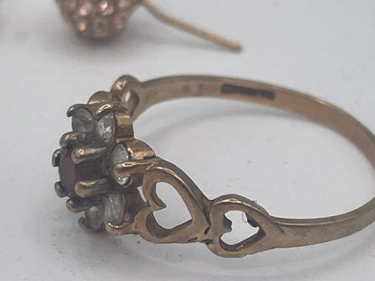 Vintage 9ct Solid Gold Cluster & Crystal Jewellery Lot – 9K Ring, 9K Crystal Ball Earrings & Turtle Charm