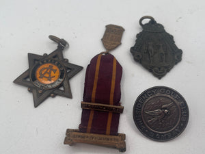 Vintage British & Colonial Collectible Lot: Presidency Golf Club Bombay Silver Button, 1956 Enfield Walking Medal, League of Light Ribbon & National Gymnastic Display Pendant