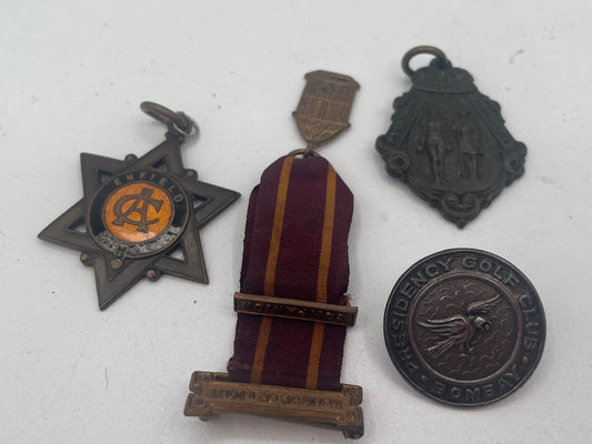 Vintage British & Colonial Collectible Lot: Presidency Golf Club Bombay Silver Button, 1956 Enfield Walking Medal, League of Light Ribbon & National Gymnastic Display Pendant