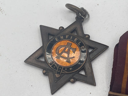 Vintage British & Colonial Collectible Lot: Presidency Golf Club Bombay Silver Button, 1956 Enfield Walking Medal, League of Light Ribbon & National Gymnastic Display Pendant