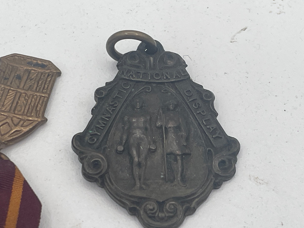 Vintage British & Colonial Collectible Lot: Presidency Golf Club Bombay Silver Button, 1956 Enfield Walking Medal, League of Light Ribbon & National Gymnastic Display Pendant