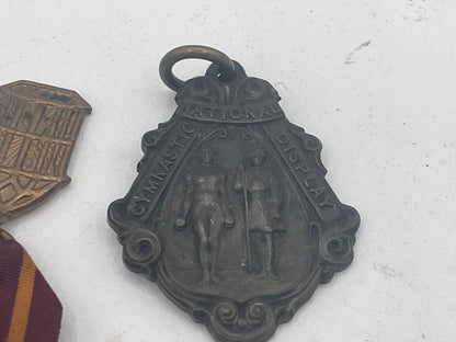 Vintage British & Colonial Collectible Lot: Presidency Golf Club Bombay Silver Button, 1956 Enfield Walking Medal, League of Light Ribbon & National Gymnastic Display Pendant