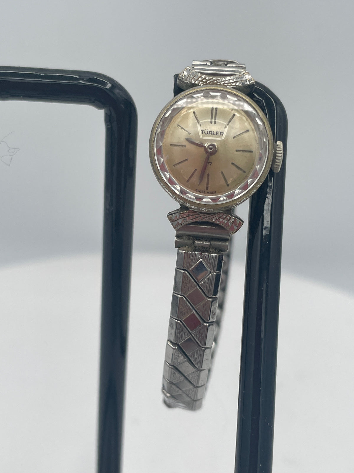 Vintage Ladies Türler Mechanical Cocktail Watch, Non-Working Project Part, Faceted Crystal, Stainless Steel Case Back, Original Excalibur Expandable St. Steel Strap (Swiss Made)