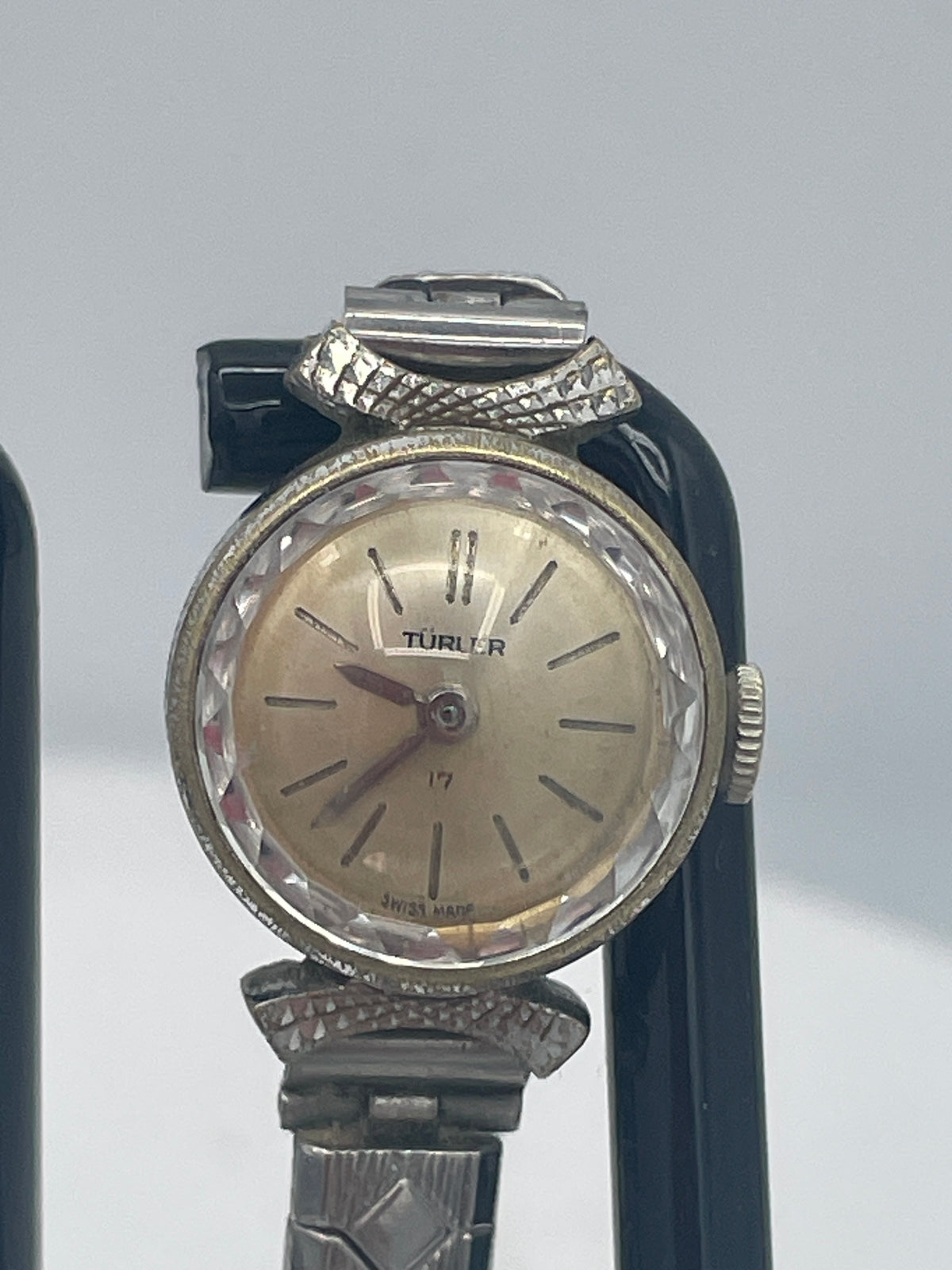 Vintage Ladies Türler Mechanical Cocktail Watch, Non-Working Project Part, Faceted Crystal, Stainless Steel Case Back, Original Excalibur Expandable St. Steel Strap (Swiss Made)