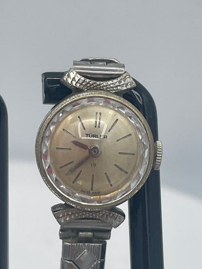 Vintage Ladies Türler Mechanical Cocktail Watch, Non-Working Project Part, Faceted Crystal, Stainless Steel Case Back, Original Excalibur Expandable St. Steel Strap (Swiss Made)