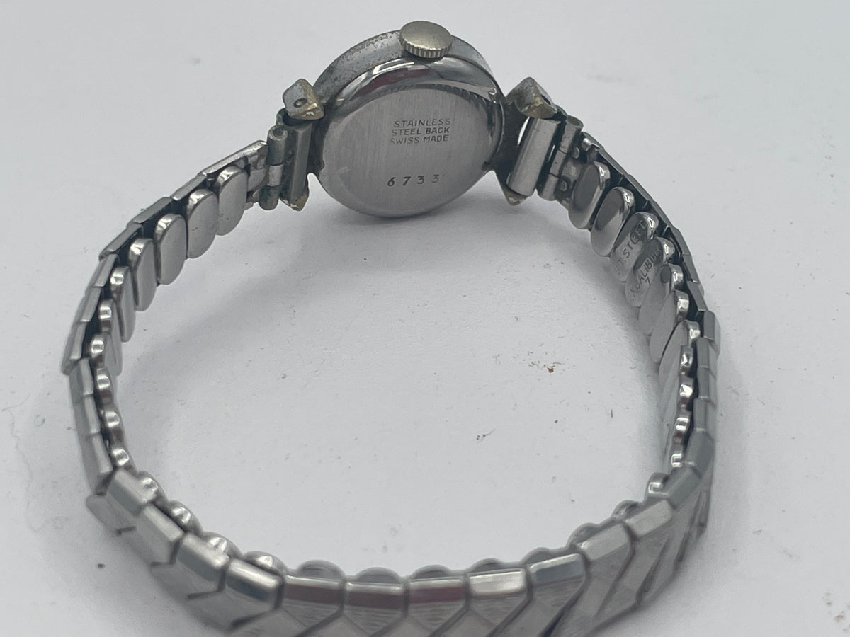 Vintage Ladies Türler Mechanical Cocktail Watch, Non-Working Project Part, Faceted Crystal, Stainless Steel Case Back, Original Excalibur Expandable St. Steel Strap (Swiss Made)