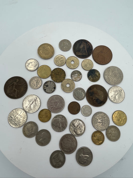 Vintage Mixed World Coin Collection Lot: British Pre-Decimal & Silver, US Mint, French Francs, Spanish Pesetas & More