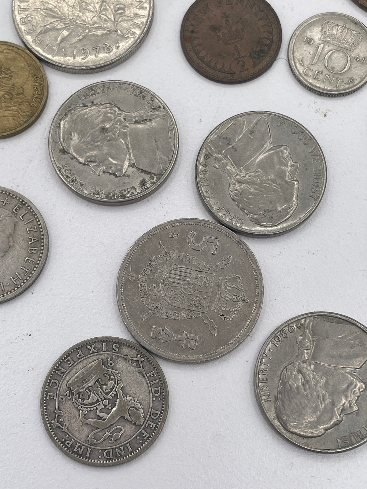 Vintage Mixed World Coin Collection Lot: British Pre-Decimal & Silver, US Mint, French Francs, Spanish Pesetas & More