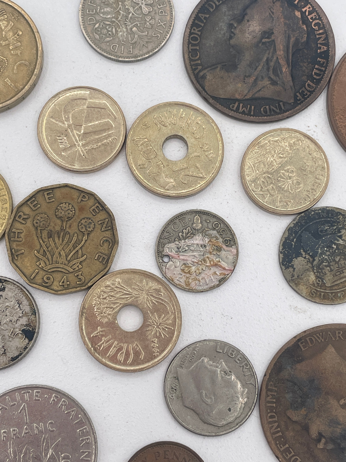Vintage Mixed World Coin Collection Lot: British Pre-Decimal & Silver, US Mint, French Francs, Spanish Pesetas & More
