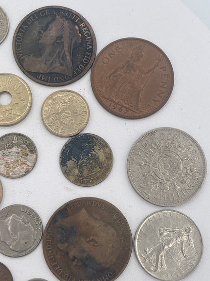 Vintage Mixed World Coin Collection Lot: British Pre-Decimal & Silver, US Mint, French Francs, Spanish Pesetas & More