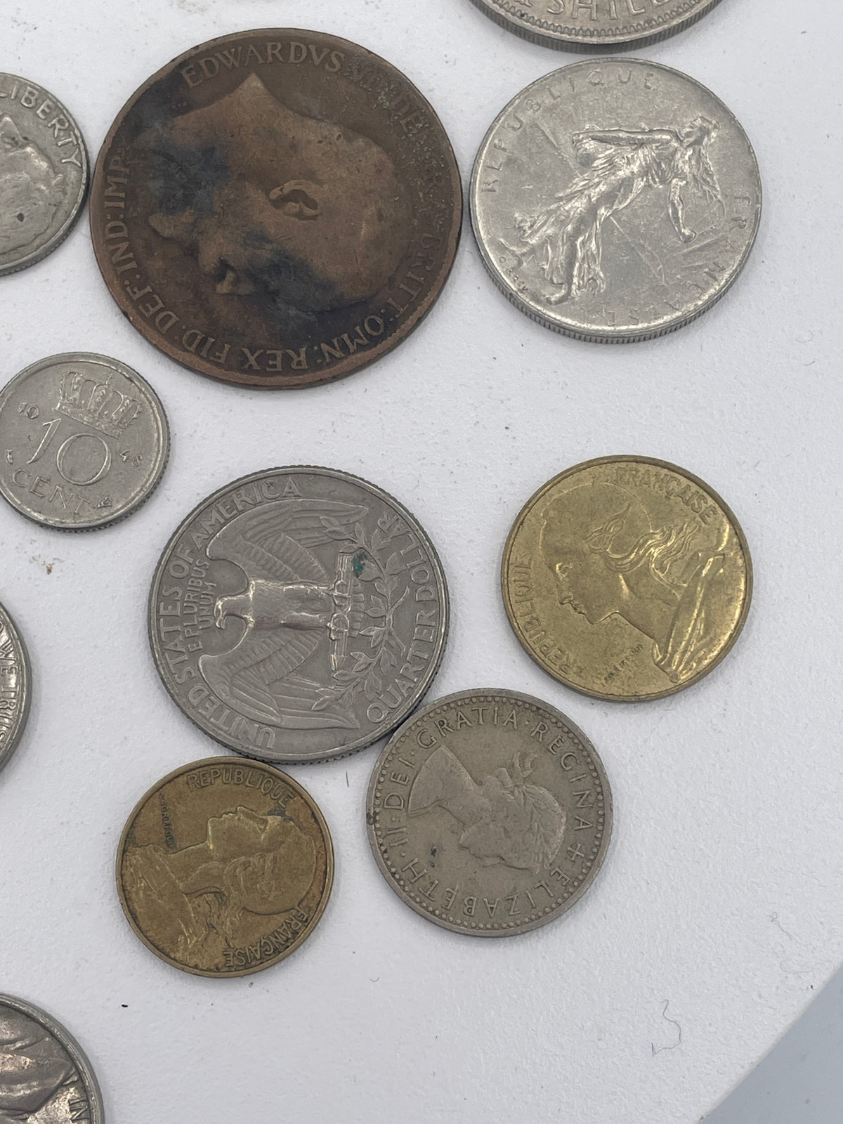 Vintage Mixed World Coin Collection Lot: British Pre-Decimal & Silver, US Mint, French Francs, Spanish Pesetas & More