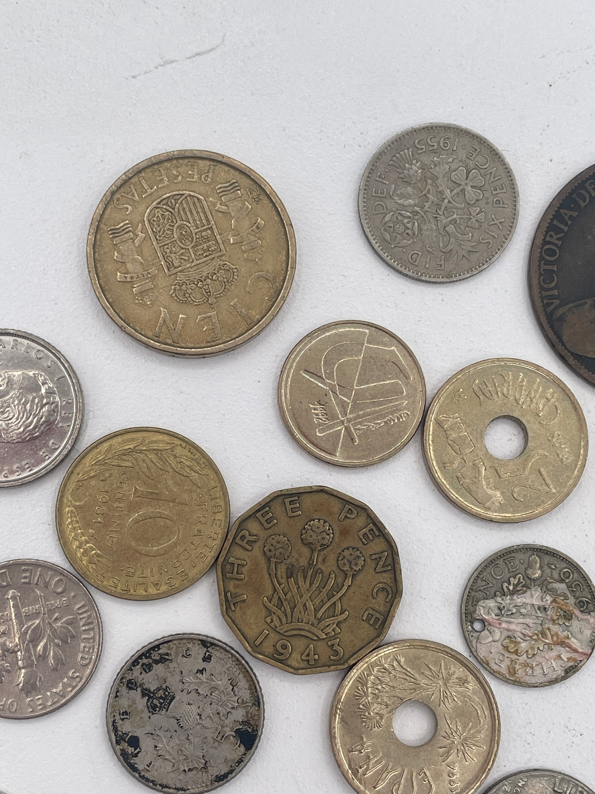 Vintage Mixed World Coin Collection Lot: British Pre-Decimal & Silver, US Mint, French Francs, Spanish Pesetas & More