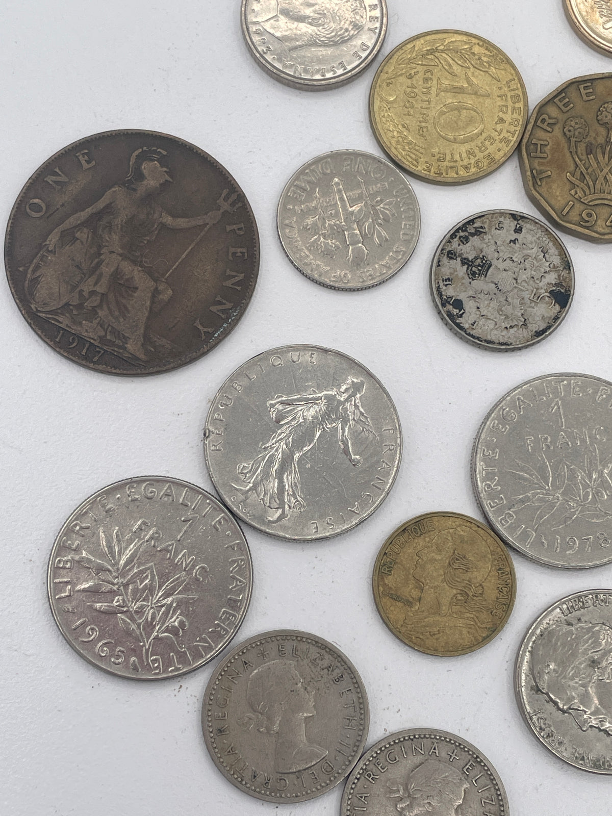 Vintage Mixed World Coin Collection Lot: British Pre-Decimal & Silver, US Mint, French Francs, Spanish Pesetas & More