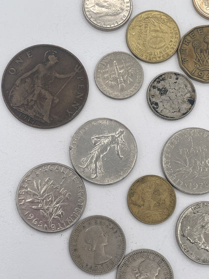 Vintage Mixed World Coin Collection Lot: British Pre-Decimal & Silver, US Mint, French Francs, Spanish Pesetas & More