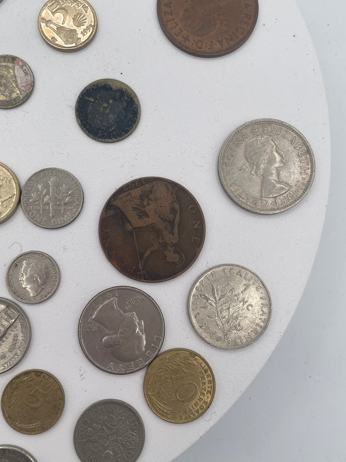 Vintage Mixed World Coin Collection Lot: British Pre-Decimal & Silver, US Mint, French Francs, Spanish Pesetas & More