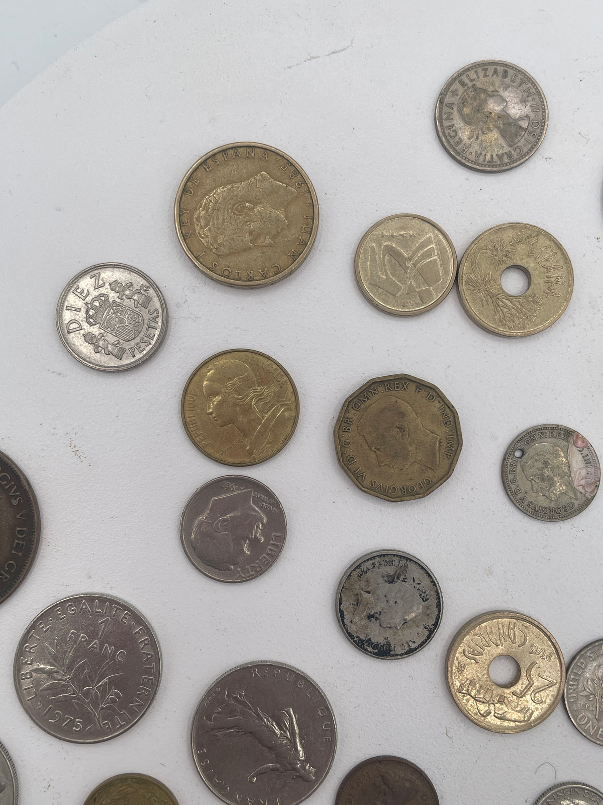 Vintage Mixed World Coin Collection Lot: British Pre-Decimal & Silver, US Mint, French Francs, Spanish Pesetas & More