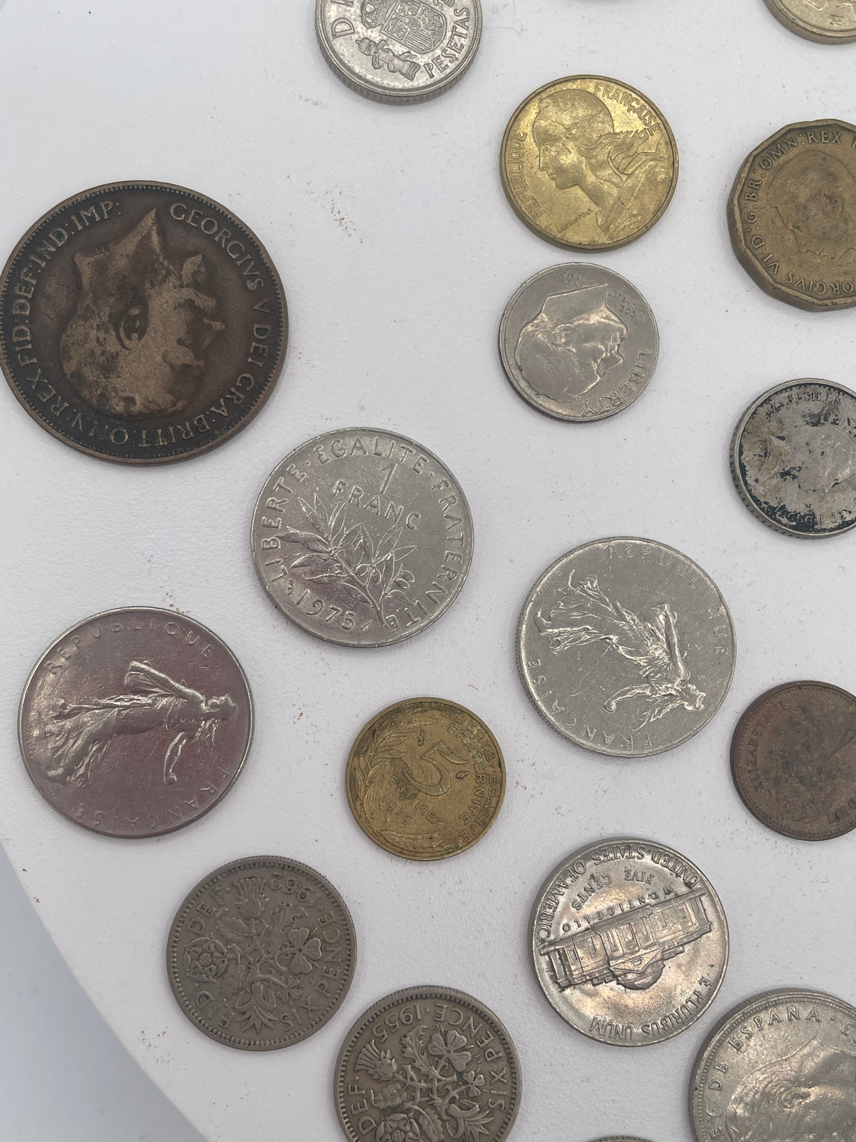 Vintage Mixed World Coin Collection Lot: British Pre-Decimal & Silver, US Mint, French Francs, Spanish Pesetas & More