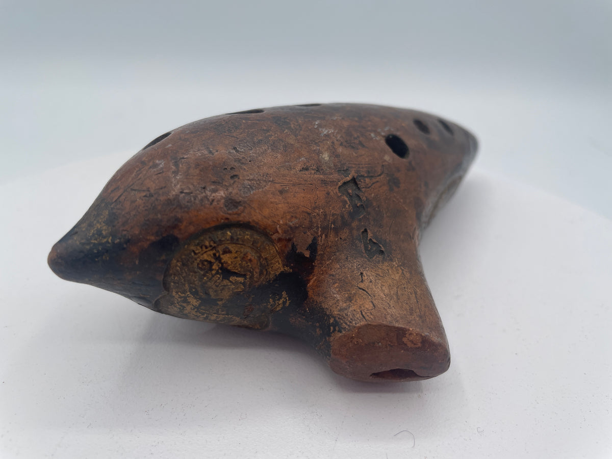 Vintage 1882 Erhard & Söhne "Ocarina Fabrik" Terracotta Musical Instrument, Key of F (Size 4), Gold-Stamped Medallion (Approx. 14cm)