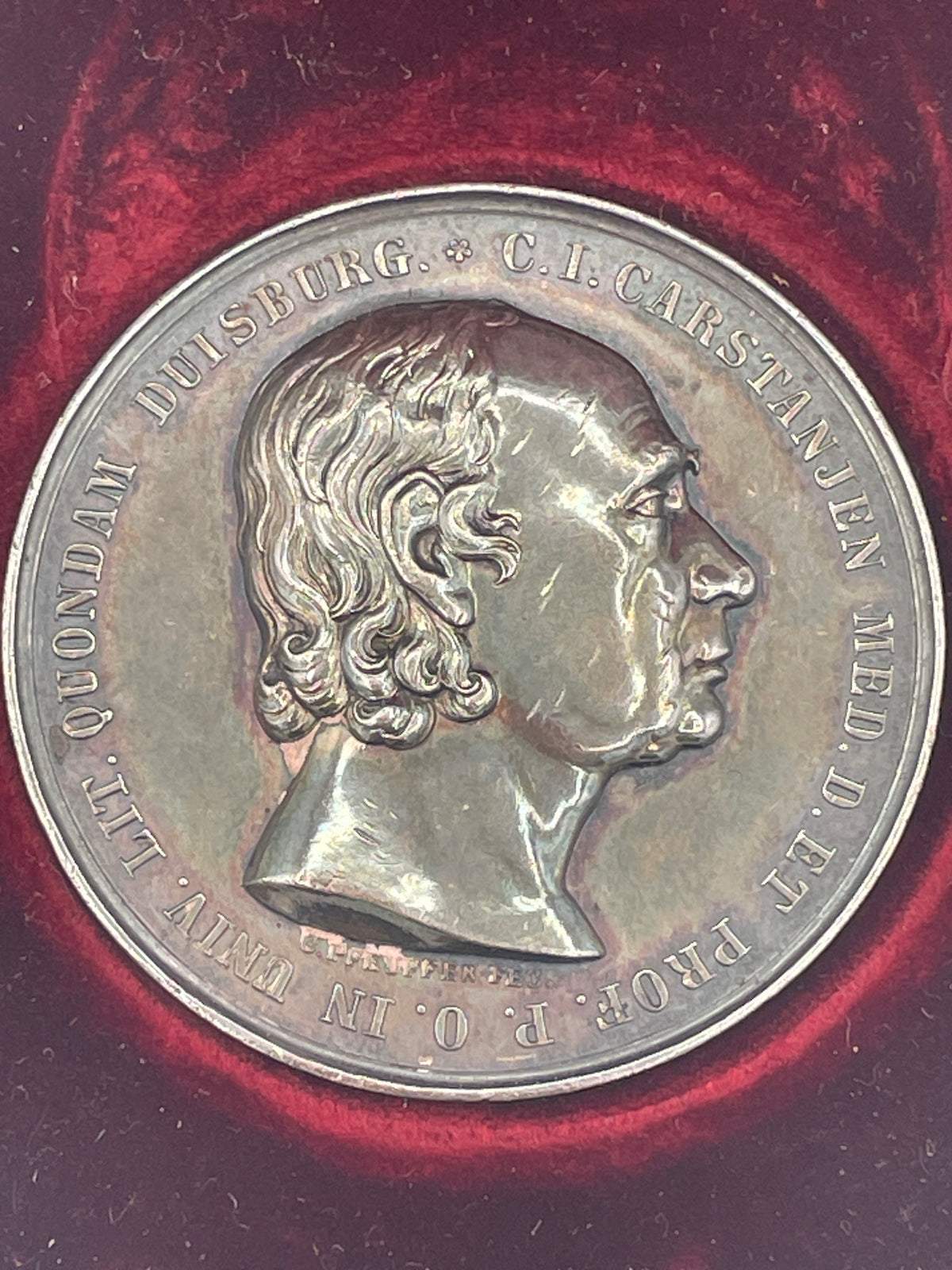 Antique 1835 C.I. Carstanjan Duisburg Commemorative Silvered Medal in Fitted Otto Oertel Box, 45mm