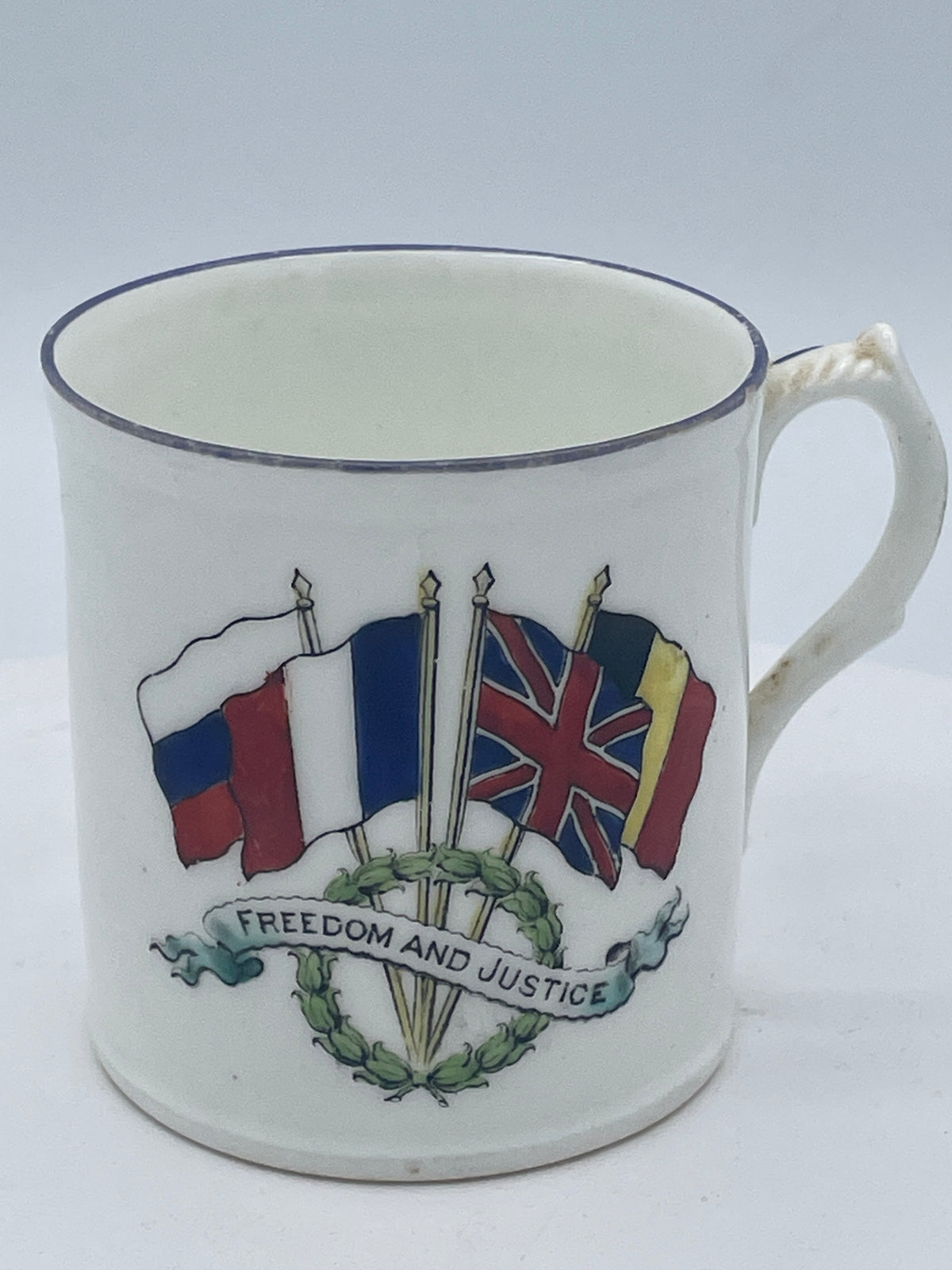 Antique World War I Allied Powers Hand-Painted Ceramic Mug, "Freedom and Justice" Flags Design (Approx. 7cm Tall)