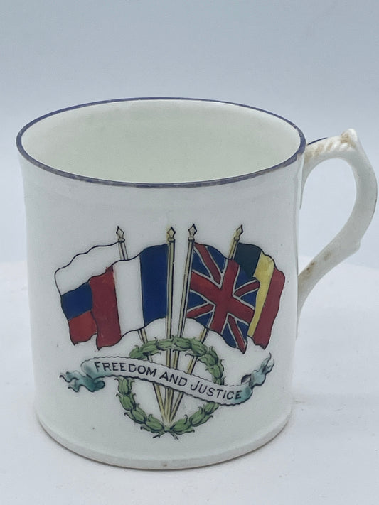 Antique World War I Allied Powers Hand-Painted Ceramic Mug, "Freedom and Justice" Flags Design (Approx. 7cm Tall)