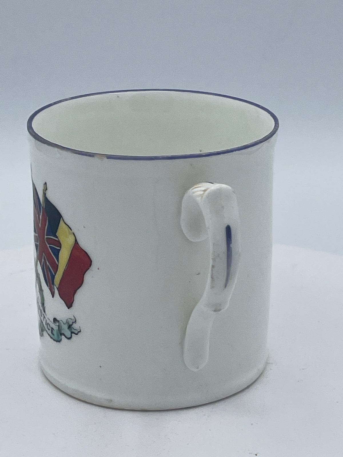 Antique World War I Allied Powers Hand-Painted Ceramic Mug, "Freedom and Justice" Flags Design (Approx. 7cm Tall)