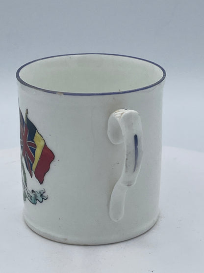 Antique World War I Allied Powers Hand-Painted Ceramic Mug, "Freedom and Justice" Flags Design (Approx. 7cm Tall)