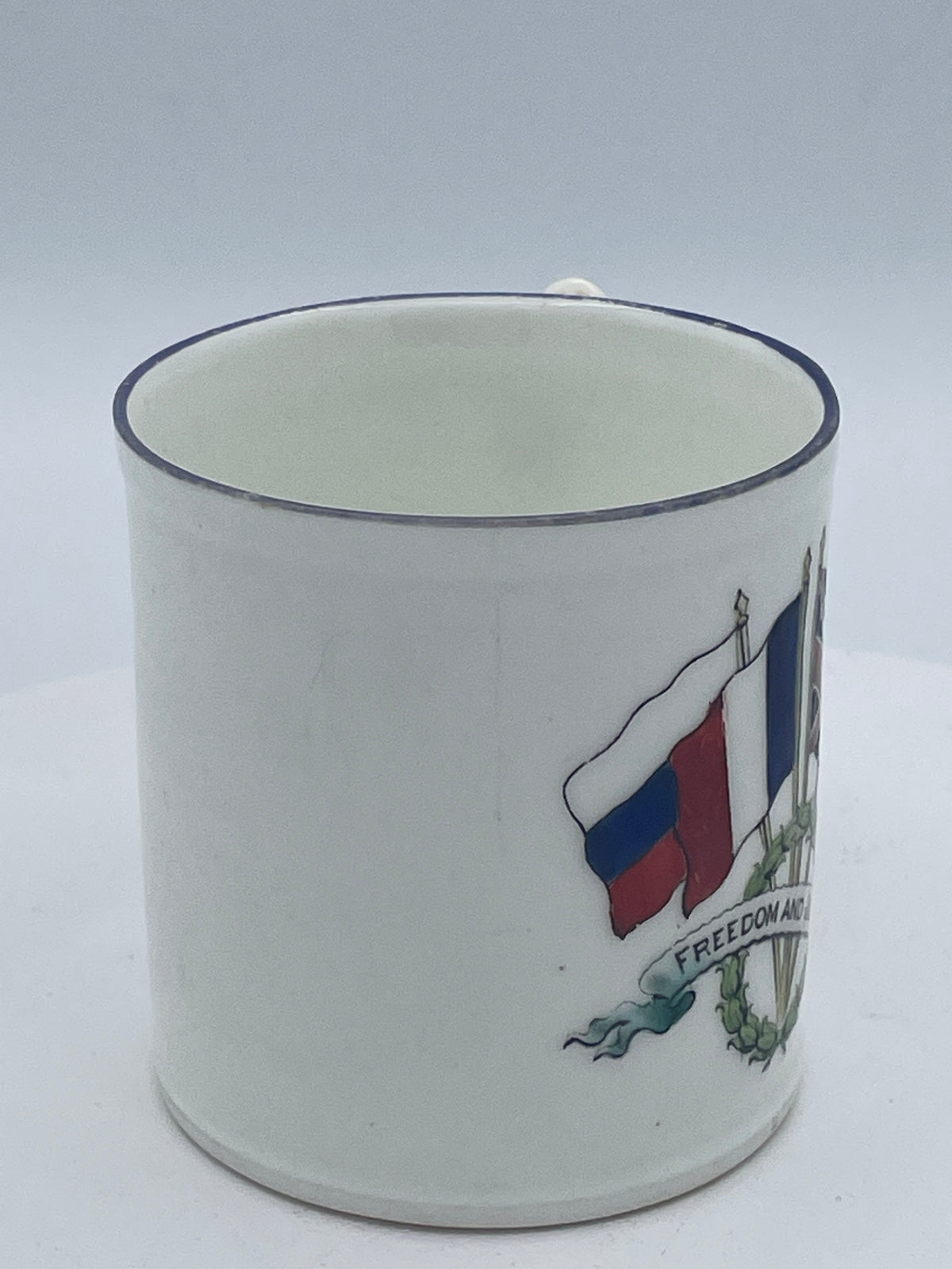 Antique World War I Allied Powers Hand-Painted Ceramic Mug, "Freedom and Justice" Flags Design (Approx. 7cm Tall)