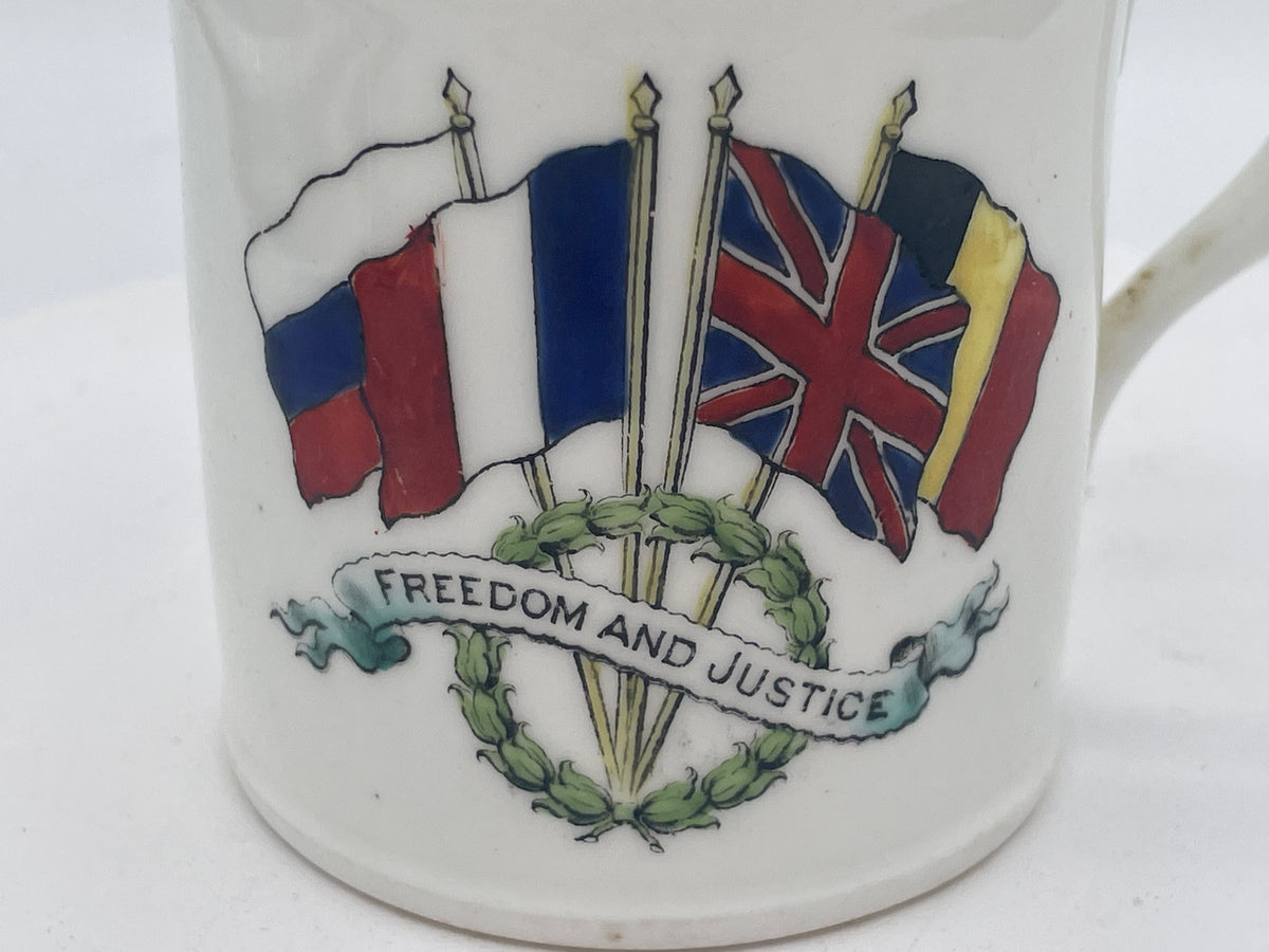 Antique World War I Allied Powers Hand-Painted Ceramic Mug, "Freedom and Justice" Flags Design (Approx. 7cm Tall)