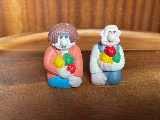 A Pair of Wallace and Gromit Salt and Pepper Pots - Wallace and Wendolene Ramsbottom 6.5cm Tall