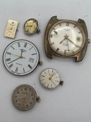 Vintage Mixed Lot of Swiss Watch Movements & Watch Heads: Rotary, Accurist, Mechanical & Quartz Spare Parts