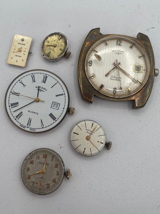 Vintage Mixed Lot of Swiss Watch Movements & Watch Heads: Rotary, Accurist, Mechanical & Quartz Spare Parts