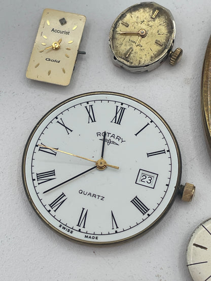Vintage Mixed Lot of Swiss Watch Movements & Watch Heads: Rotary, Accurist, Mechanical & Quartz Spare Parts