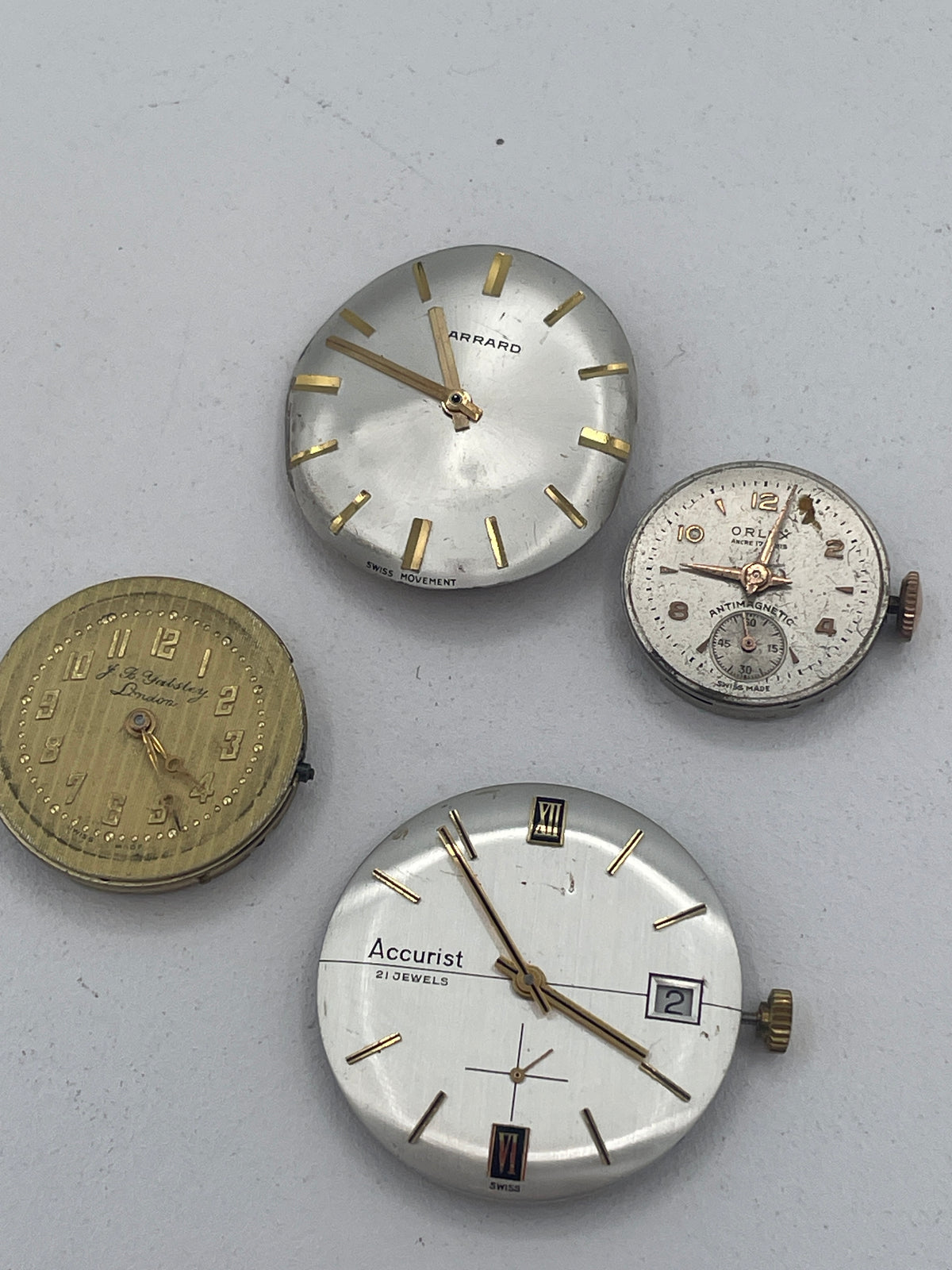 Vintage Mixed Lot of Swiss Watch Movements & Watch Heads: Accurist 21 Jewels, Garrard, J.B. Yabsley London & Oris Spare Parts