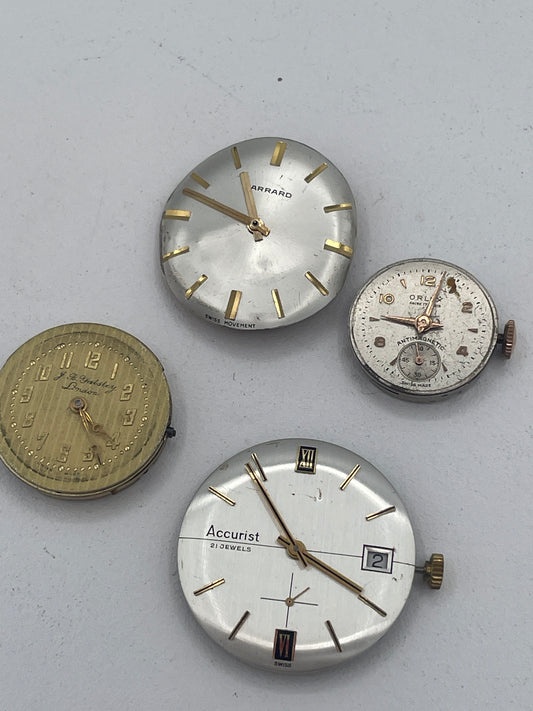 Vintage Mixed Lot of Swiss Watch Movements & Watch Heads: Accurist 21 Jewels, Garrard, J.B. Yabsley London & Oris Spare Parts