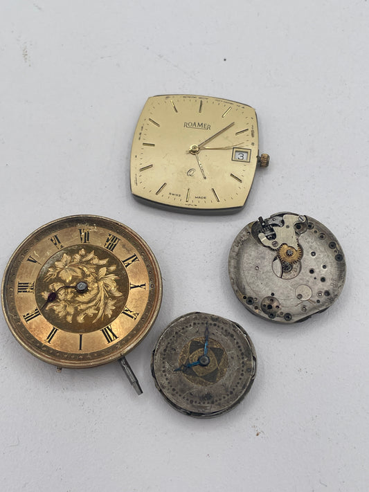 Vintage Mixed Lot of Swiss Watch Movements & Watch Heads: Roamer Quartz, Engraved Pocket Watch Movement & Spare Parts