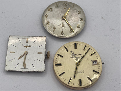 Vintage Mixed Lot of Swiss Watch Movements & Watch Heads: Longines 17 Jewels, Zenith 19 Jewels & Bulova Ambassador Automatic