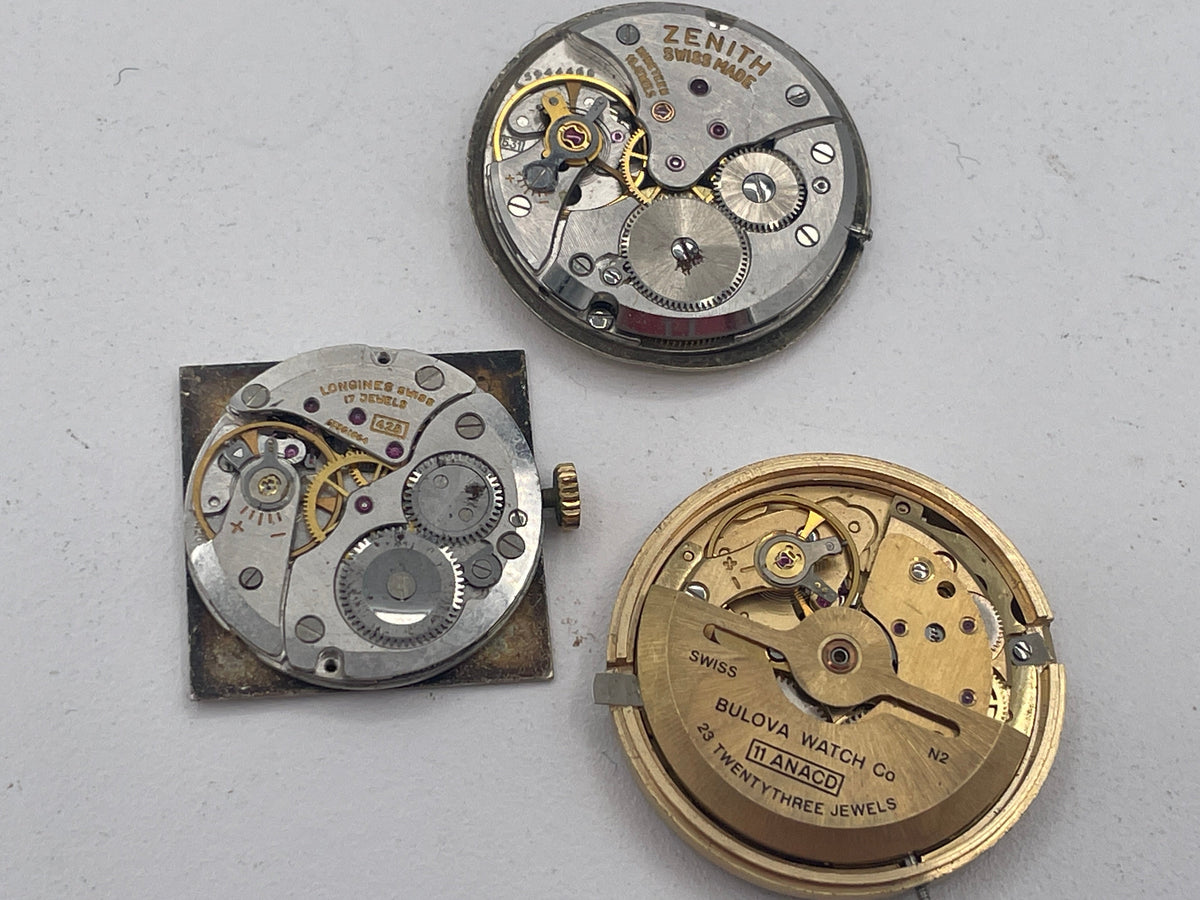 Vintage Mixed Lot of Swiss Watch Movements & Watch Heads: Longines 17 Jewels, Zenith 19 Jewels & Bulova Ambassador Automatic