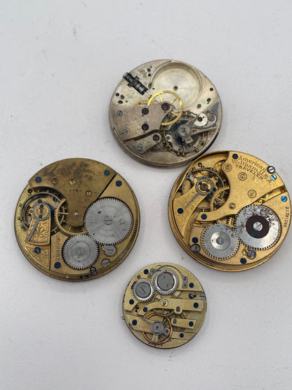 Vintage Mixed Lot of Pocket Watch Movements & Watch Heads: American Waltham Mass, Traveler & Henderson's Dundee Spare Parts