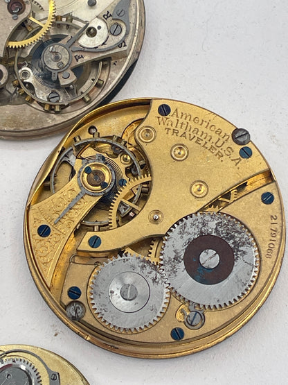 Vintage Mixed Lot of Pocket Watch Movements & Watch Heads: American Waltham Mass, Traveler & Henderson's Dundee Spare Parts