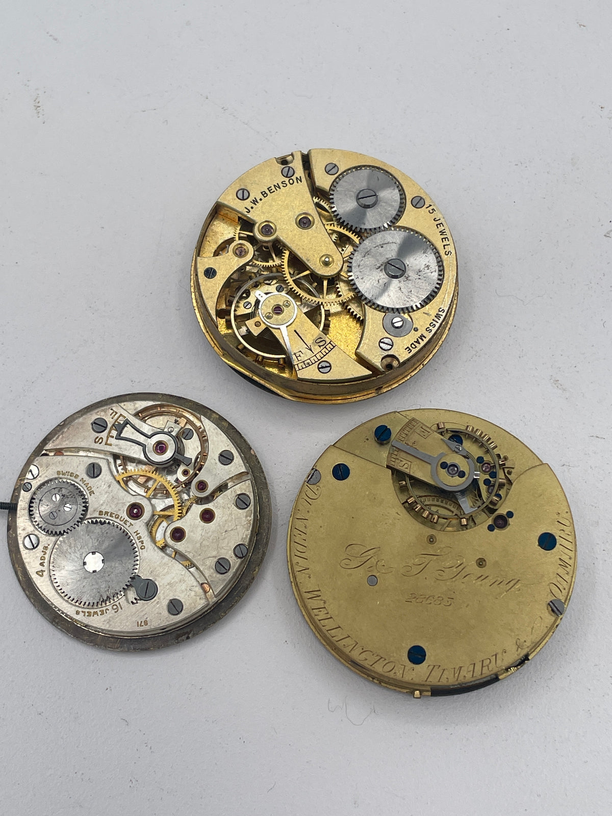 Vintage Mixed Lot of Pocket Watch Movements: J.W. Benson London, G. & T. Young New Zealand & Jay's Essex Road Spare Parts
