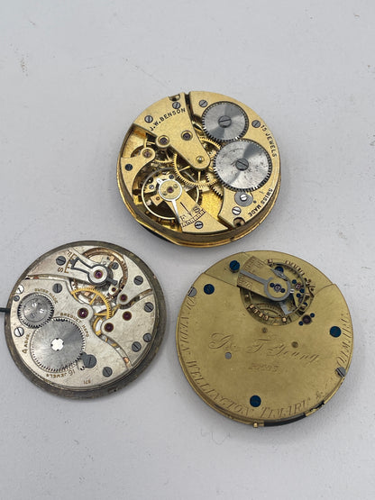 Vintage Mixed Lot of Pocket Watch Movements: J.W. Benson London, G. & T. Young New Zealand & Jay's Essex Road Spare Parts