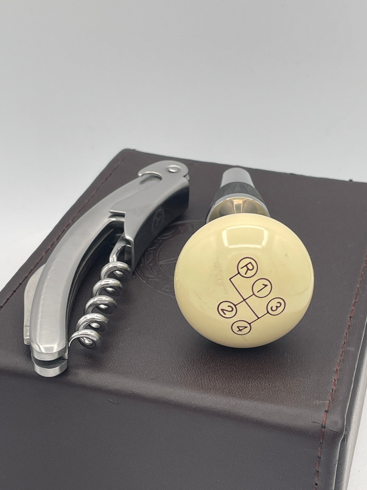Mercedes-Benz Branded Wine Accessory Set | Gear Shifter Bottle Stopper & Waiter's Friend Corkscrew in Leather Presentation Box