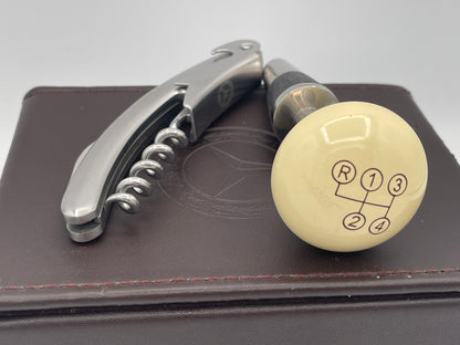 Mercedes-Benz Branded Wine Accessory Set | Gear Shifter Bottle Stopper & Waiter's Friend Corkscrew in Leather Presentation Box
